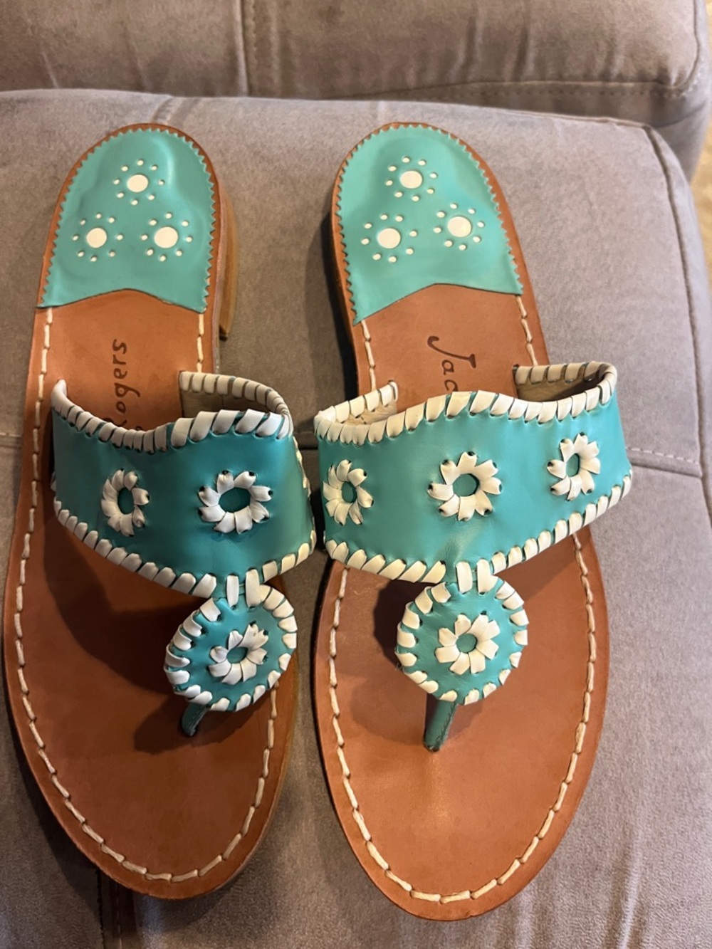 Jack Rogers Turquoise and White Leather Sandals